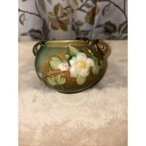 Roseville Pottery Green Jardinere With White Rose 4 inch Round 653-3
